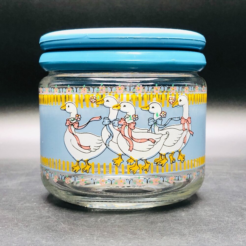 80s Country Mother Goose Ribbon Bow Glass Jar Blue Plastic Lid Vintage Canister